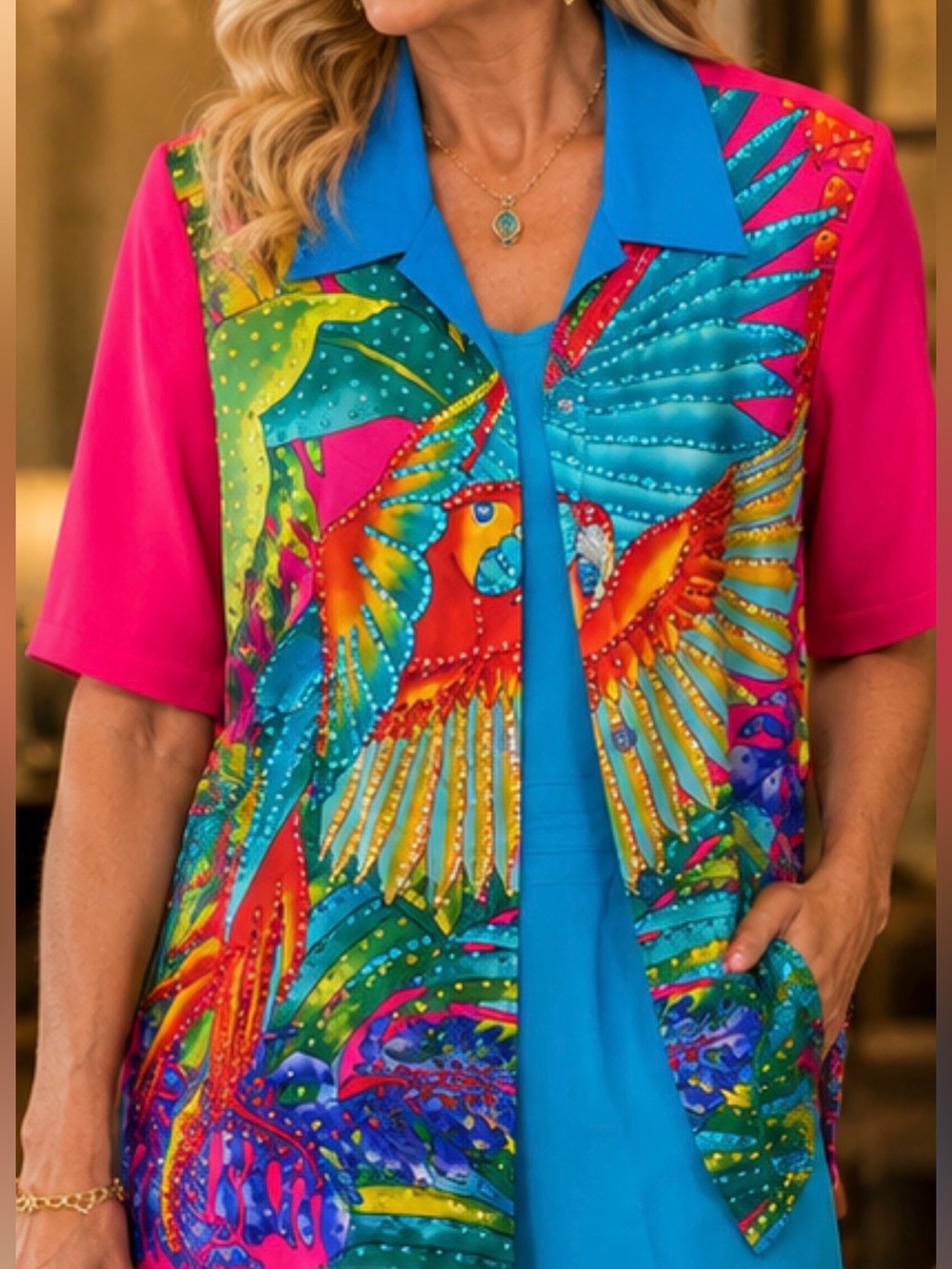 Diane Gilman 100% Silk Tropical Bird Print Blouse Size L